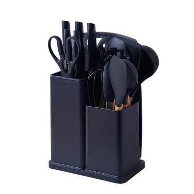 Набір кухонного приладдя на підставці 19 штук кухонні аксесуари з силікону з бамбуковою ручкою Чорний HP5B фото