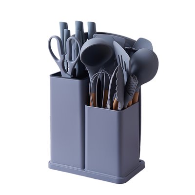 Набір кухонного приладдя на підставці 19 штук кухонні аксесуари з силікону з бамбуковою ручкою Сірий HP6G фото